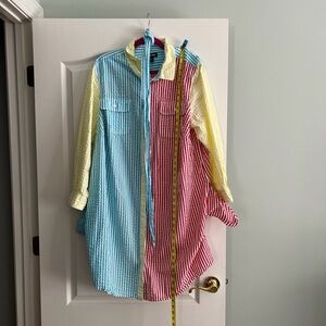 Lands' End plus size seersucker Striped Dress in Blue, Red, and Yellow